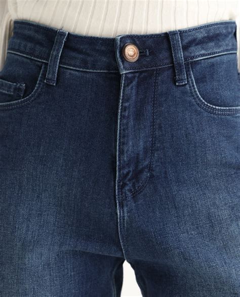 Rareism Women's Winona Blue Cotton Blend Plain Ankle Length Crop Flare