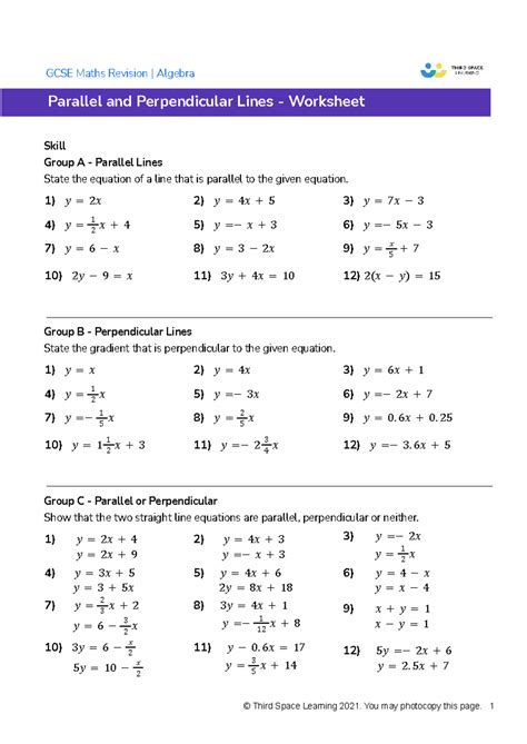 GCSE Maths Revision: Algebra - Parallel & Perpendicular Lines Worksheet ...