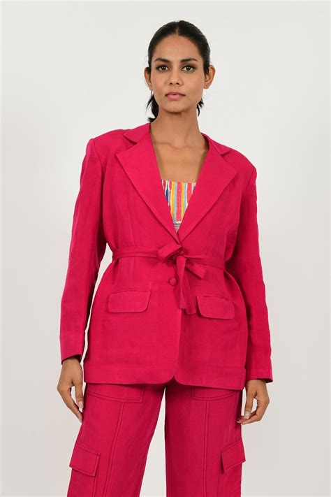 Shop Viva Magenta Linen Cargo Jacket by RIAS at House of Designers ...
