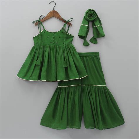 Bottle green Potli Buttons Detail Top And Sharara With Dupatta – Who ...