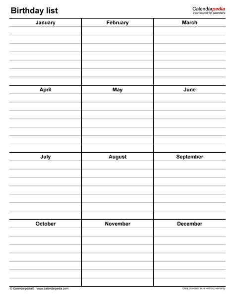 Birthday Lists - Free Printable Microsoft Excel templates