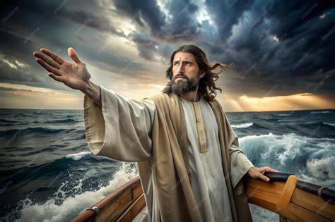 Jesus Christ at the stern of the boat with his hand extended forward ...