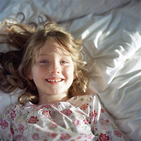 Portrait of a happy little girl lying on a bed smiling joyfully | Premium AI-generated image