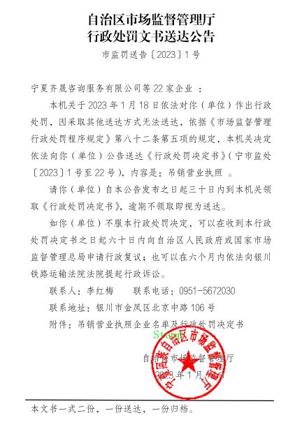 宁夏回族自治区市场监管厅行政处罚文书送达公告（市监罚送告[2023]1号）-中国质量新闻网