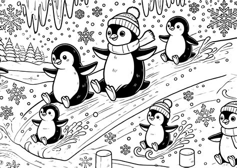 Six sliding penguins - Penguins Coloring Pages