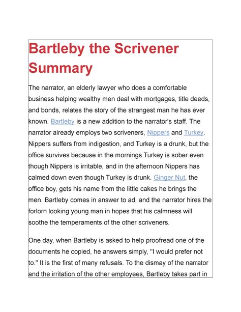 Summary Bartleby, the Scrivener: A Story of Wall Street 1 - Bartle the ...