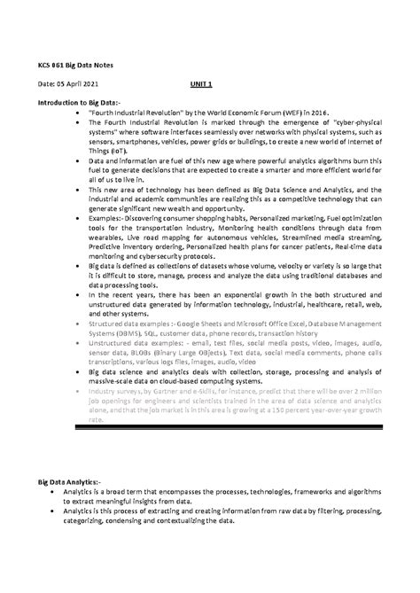562540743 Notes KCS 061 Big Data Unit 1 - KCS 061 Big Data Notes Date ...