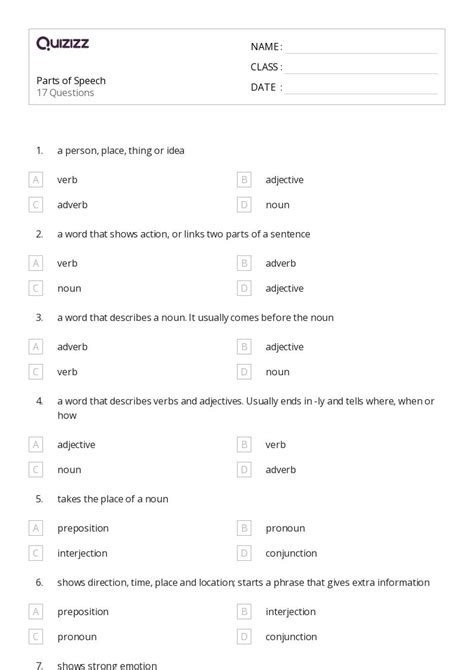 50+ Parts of Speech worksheets for 5th Class on Quizizz | Free & Printable