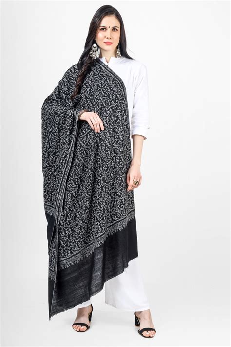 GI Black Pashmina Jaldaar Silver Gray Embroidered Shawl – Kepra