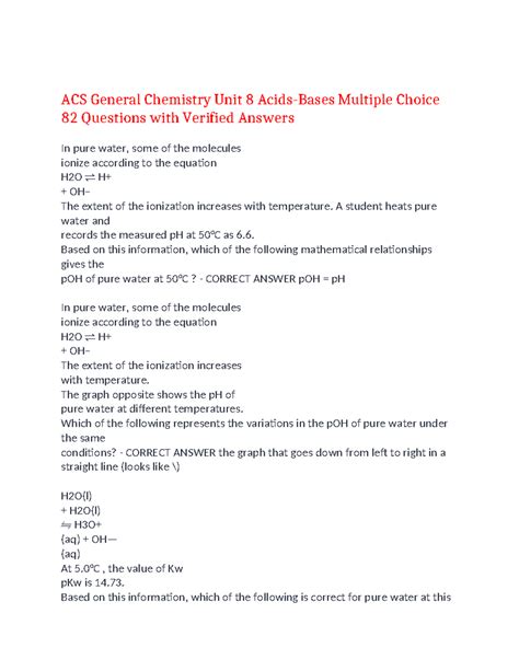 ACS General Chemistry Unit 8 Exam Study Guide: Acids & Bases MCQs - Studocu