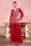 Buy Red Georgette Crystals, Sequins, Beads V-neck Embroidered Kurta ...