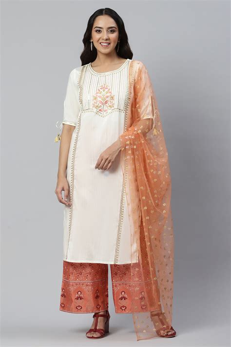 Buy Liva Off-White Sequined Kurta With Straight Palazzo And Dupatta ...