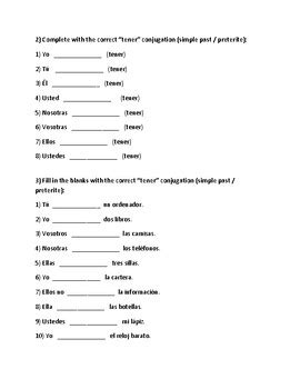 TENER Simple Past Tense Conjugation Worksheets | Preterite | Verbo TENER