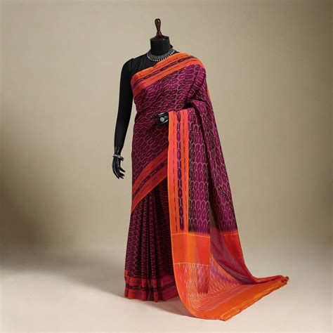 Purple Mercerised Cotton Handloom Pochampally Ikat Saree