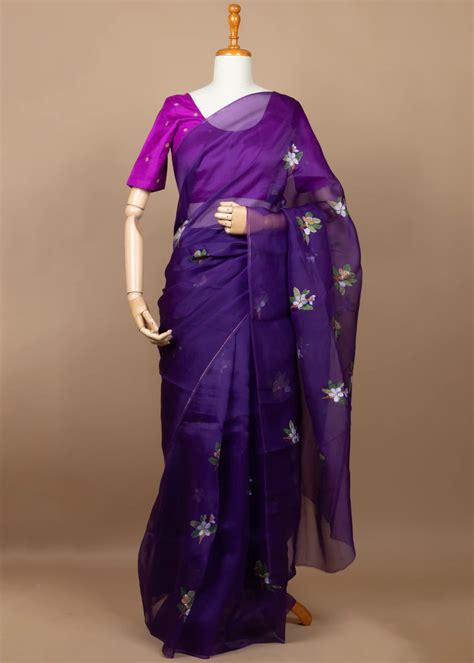 Purple Organza Saree with Hand-painted Firangipani (Made to Order ...