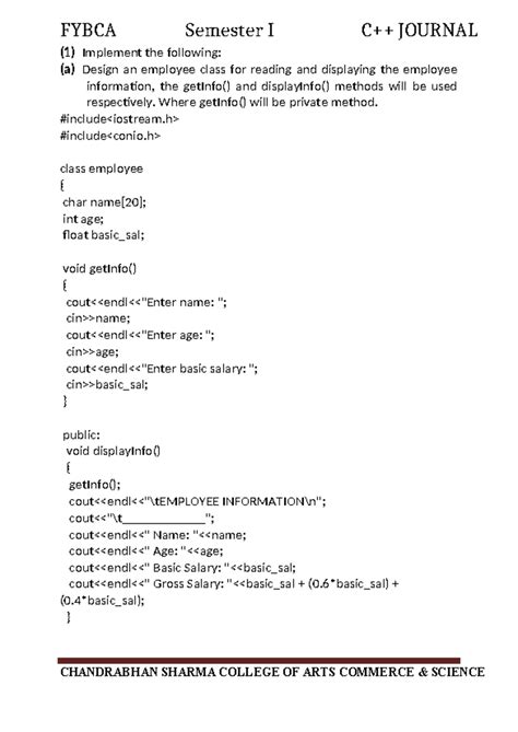 C++ Journal - ... - (1) Implement the following: (a) Design an employee ...