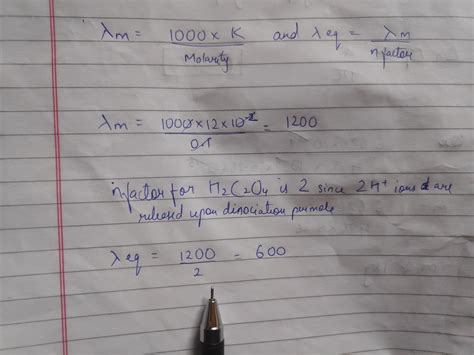 If the conductivity of 0.1M H2C2O4 solution is 12×10^-2 Ω^-1cm^-1, it's ...