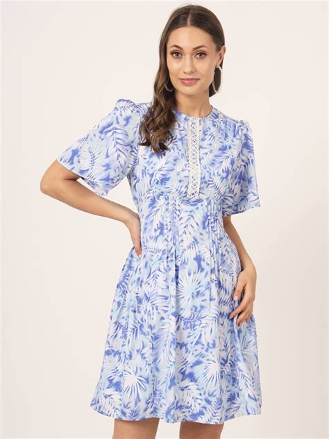 Buy Beatnik Polyester Fitted Printed Haff Sleeve Light Blue Women ...