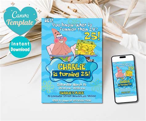 Editable spongebob birthday invitation template printable sponge bob ...