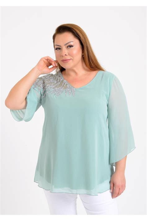 LİLAS XXL Büyük Beden Su Yeşili Renkli Şifon V Yaka Abiye Bluz Fiyatı, Yorumları - Trendyol