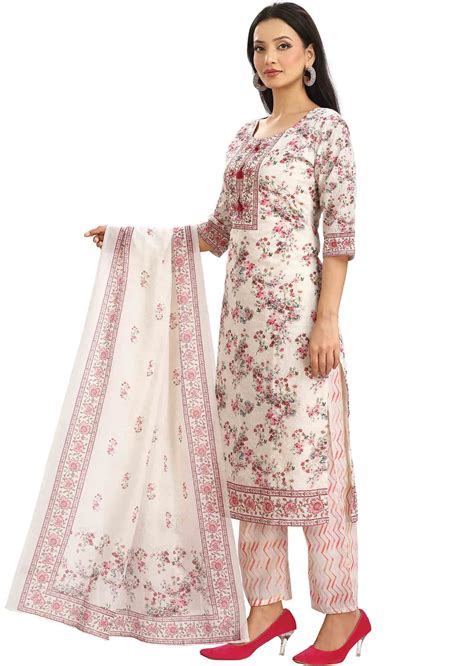 Cream Schiffli Cotton Embroidered Straight cut suits