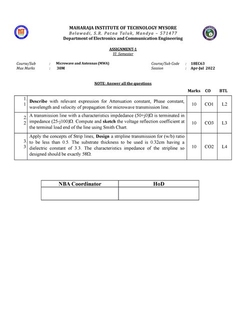 Assignment 1 18EC63 - MAHARAJA INSTITUTE OF TECHNOLOGY MYSORE Belawadi ...