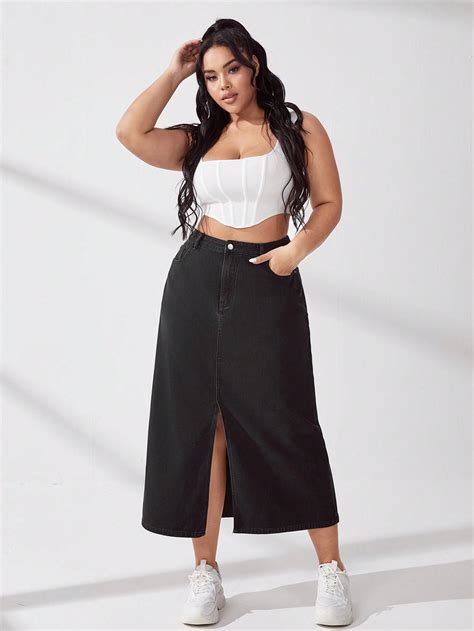Plus Size Denim Skirt With Slit Hem | SHEIN EUR