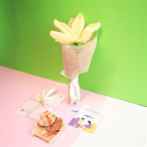 Handcrafted crochet lily Rakhi hamper (Yellow) – https://artecasa.in/