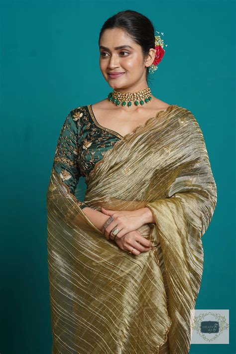 Ash Green Tissue Cocktail Saree – kreationbykj