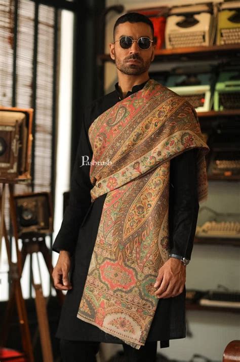 Pashtush Mens Extra Fine Wool Shawl, Paisley Weave Design, Beige ...