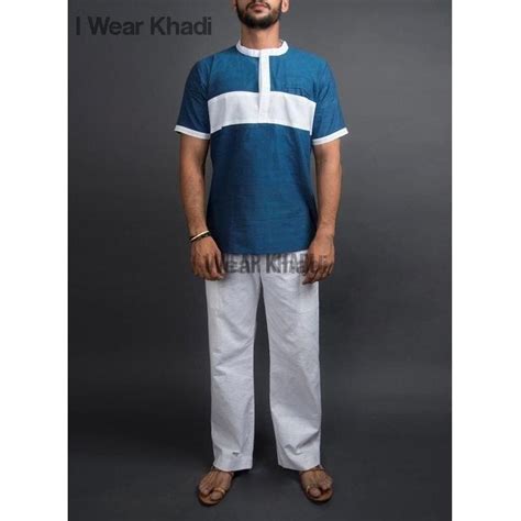 Khadi Men's Yoga Kurta Set - Blue and White Cotton Style – Charkha Tales
