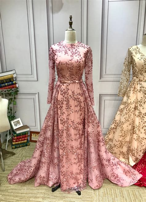 Dusty pink long sleeves sparkling sequins fabric muslim formal graduat ...