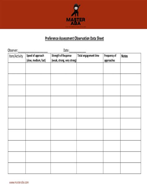 2020 Form Master ABA Preference Assessment Observation Data Sheet ...