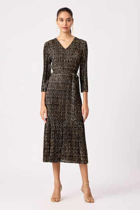 Buy Black Polyester V-neck Tessa Metallic Pleated Dress For Women by ...