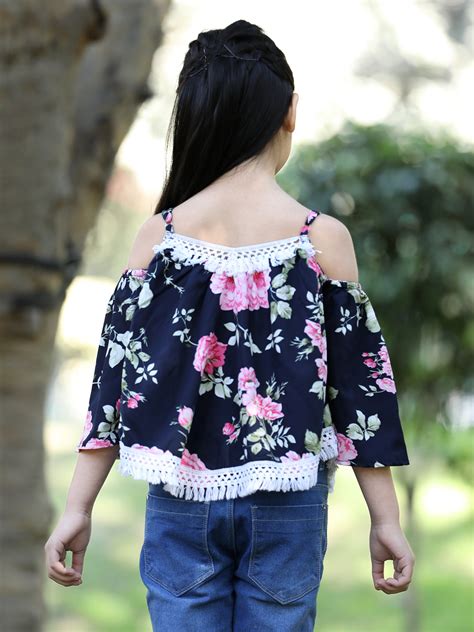 Cutiekins Floral Printed Cold Shoulder Lace Embellished Top -Navy Blue