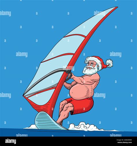 Happy Australia Santa Claus is surfing on a sea big wave, vector ...
