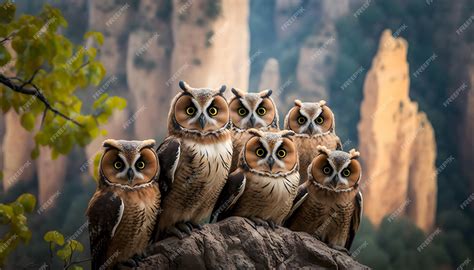 Premium Photo | A group of owls sit on a rock in front of a mountain.