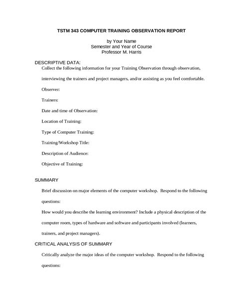 Image result for Training Observation Report Example