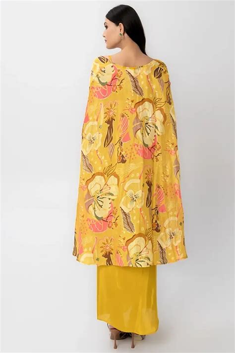 Buy yellow 3 piece co ord set with shrug crop top and dhoti skirt for ...