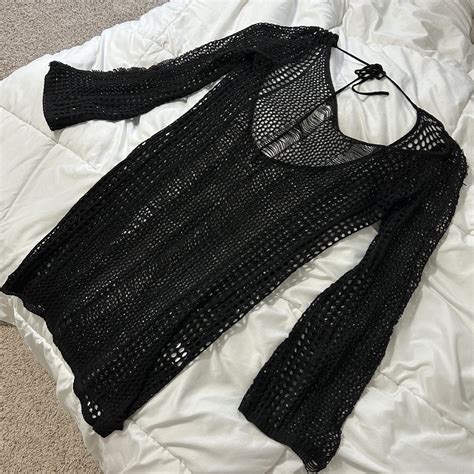black swimsuit cover up size... - Depop