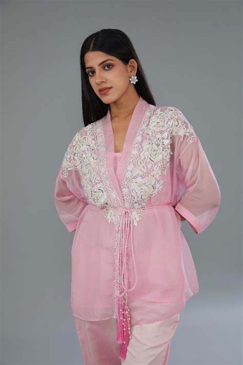 Pink Organza Silk Hand & Machine Embroidered Co-Ord Set from Kahani Lu ...