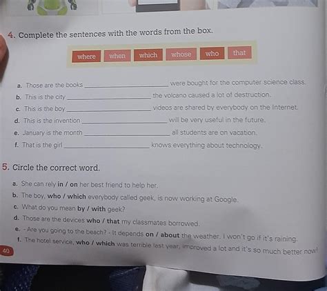 complete the sentences with the words from the box. and circle the ...