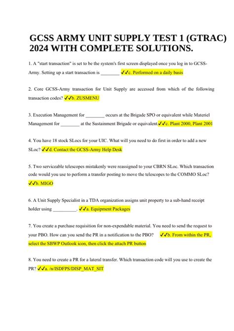 GCSS ARMY UNIT SUPPLY TEST 1 (GTRAC) 2024 WITH COMPLETE SOLUTIONS ...