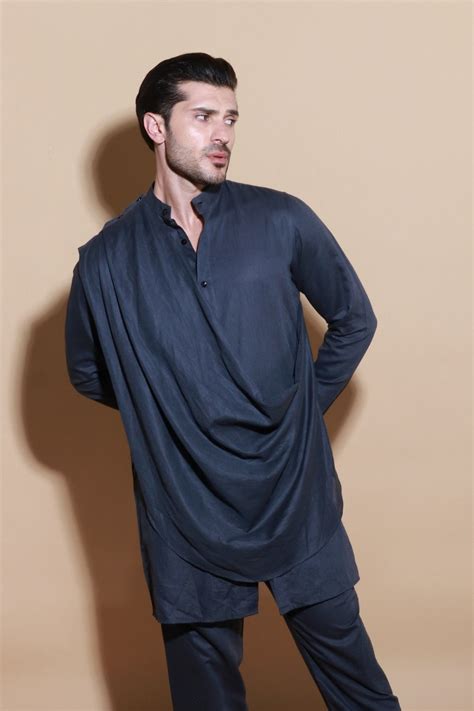 Grey short drape kurta shirt with narrow pants. – ECHKE