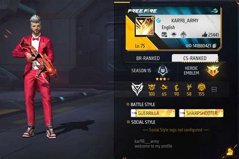 Kar98 Army की Free Fire MAX ID, स्टैट्स, K/D रेश्यो और यूट्यूब चैनल