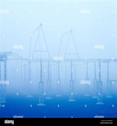 Foggy, misty, electrical transmission yard at dawn, Limerick Nuclear ...