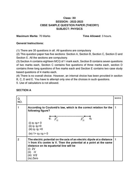 Physics CBSE Model Question Papers - Class: XII SESSION : 2022- CBSE ...
