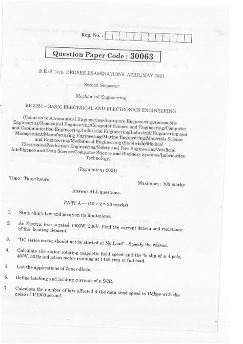 BE 3251 - Basic Electrical & Electronics Engineering - Q3 Exam Paper ...