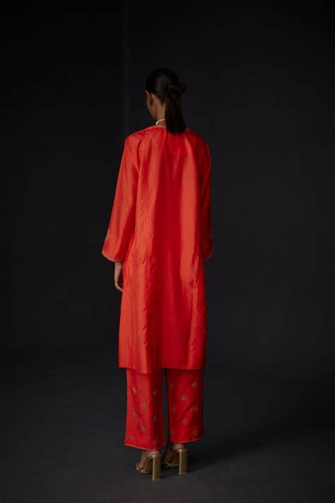 Brih - Scarlet Red V Neck Embroidered Tunic Set - Elahe