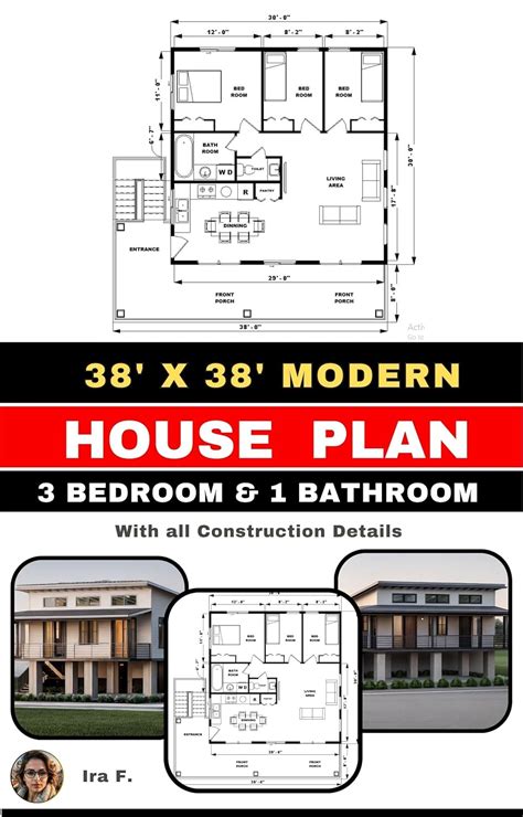 38' x 38' Modern House Plan 3 Bedroom 1 Bathroom with CAD File: With ...